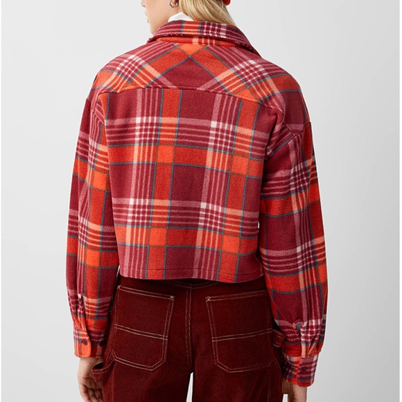Burgundy and orange rustic polar fleece cropped soft shacket shirt NWT - Picture 2 of 9